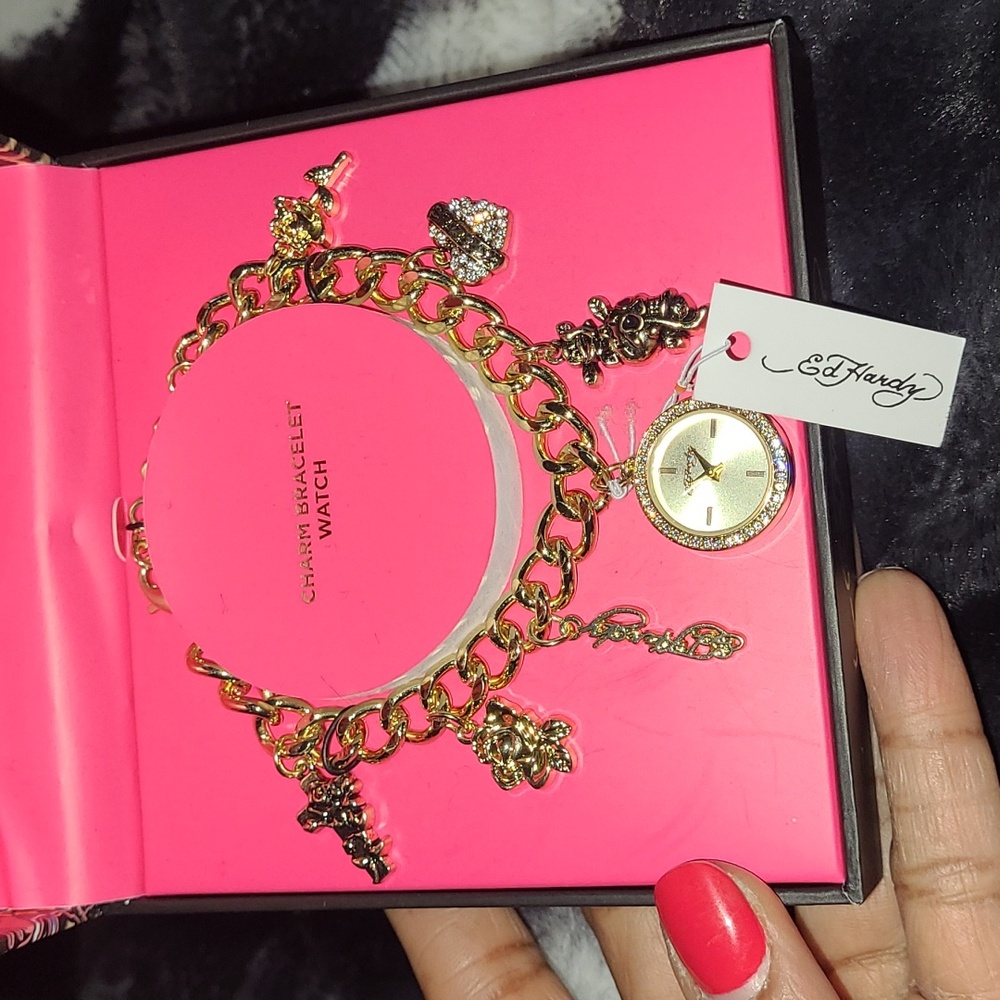 Ed Hardy Gold Tone Charm Bracelet Watch